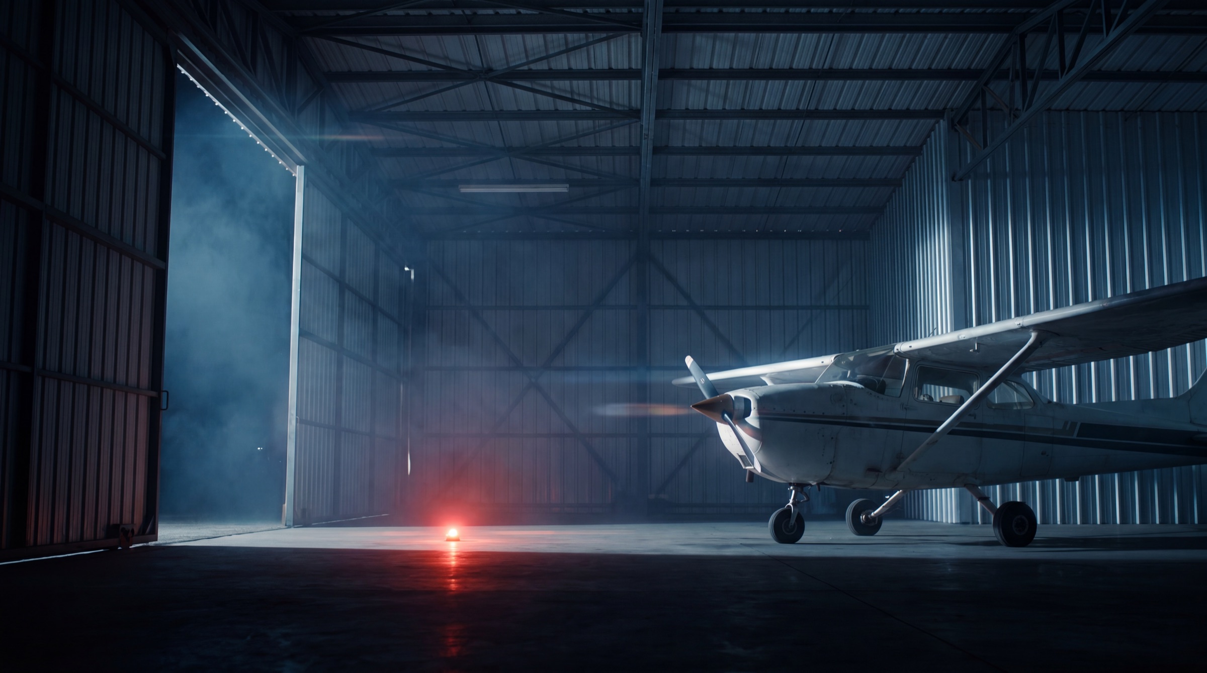 Im Inneren eines Hangars bei Nacht: ein kleiner Propellerflieger, kaltes Licht durch den Torspalt, ein rotes Notlicht