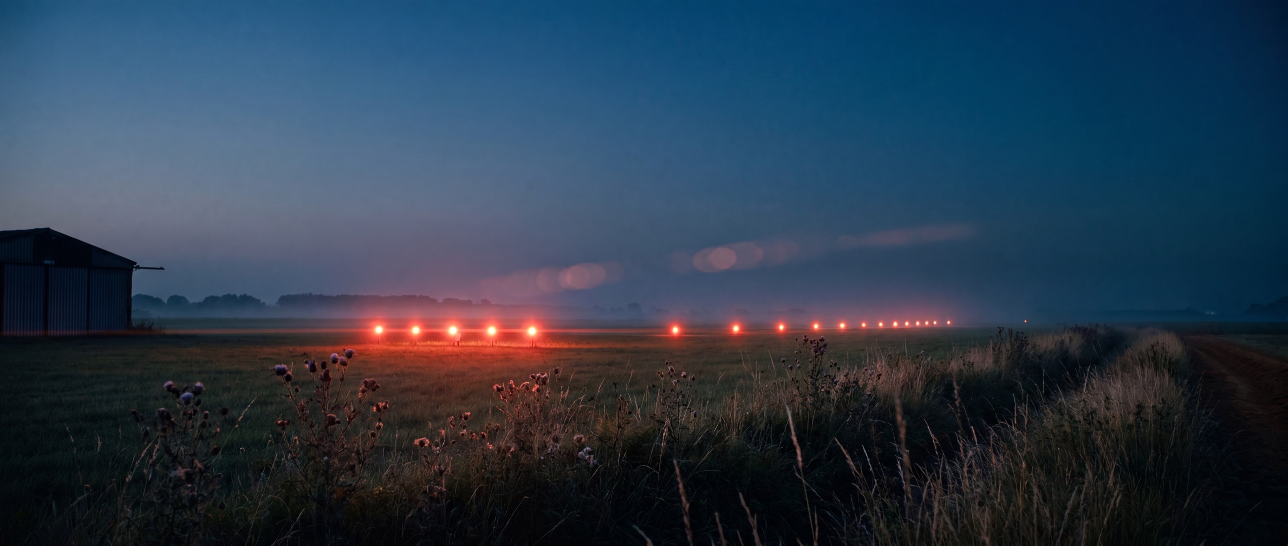 Grasflugplatz in der Dämmerung mit roter Befeuerung