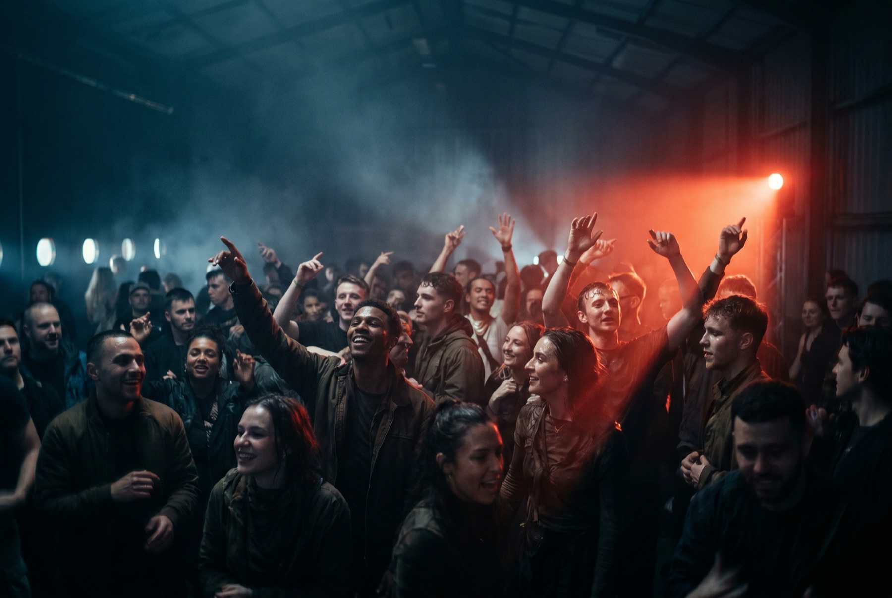 Crowd im Hangar bei Nacht, erhobene Hände, ein rotes Licht