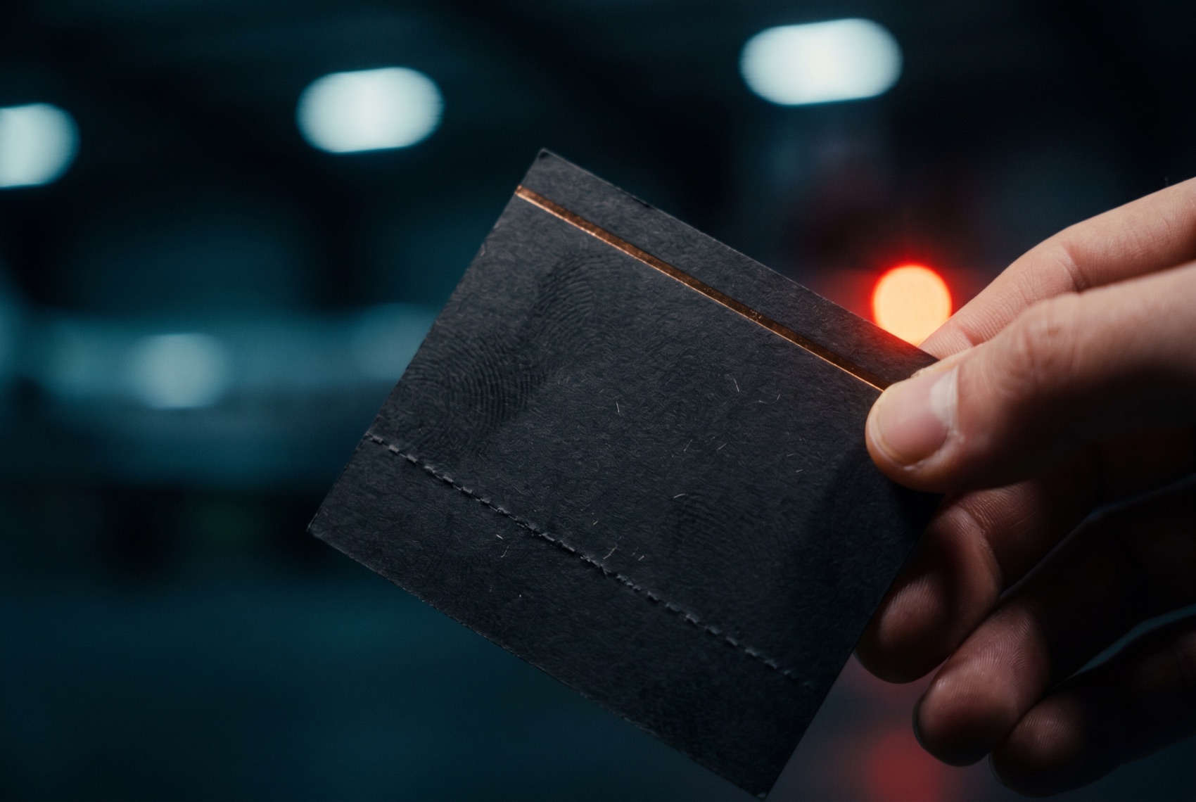 Boarding Pass in der Hand, Bronze-Heißfolie im Lichtnebel