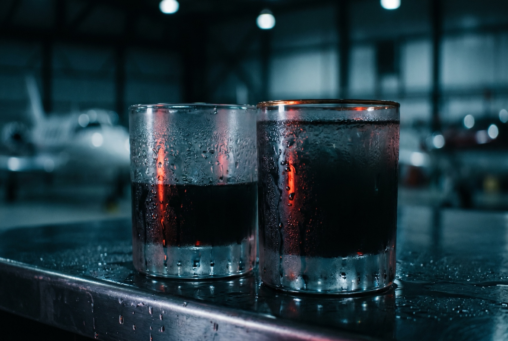 Cocktailgläser mit Kondens im Streiflicht