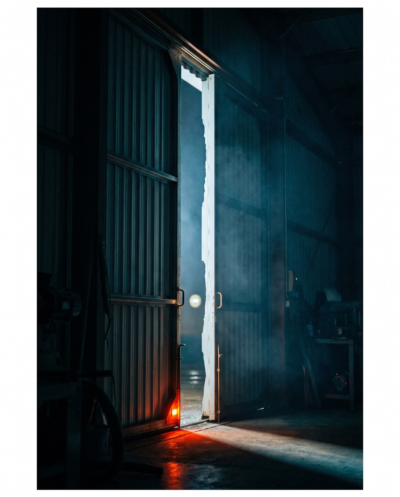 Hangartor, einen Spalt offen, kaltes Licht und Nebel brechen herein